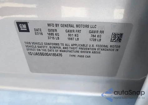 2016 Chevrolet Sonic Ls Auto z USA, uszkodzony, nr VIN 1G1JA5SG0G4185476